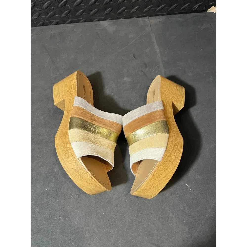 Matiko Platform Slide Sandals Womens 37 Tan Gold Suede Metallic Striped Wedge